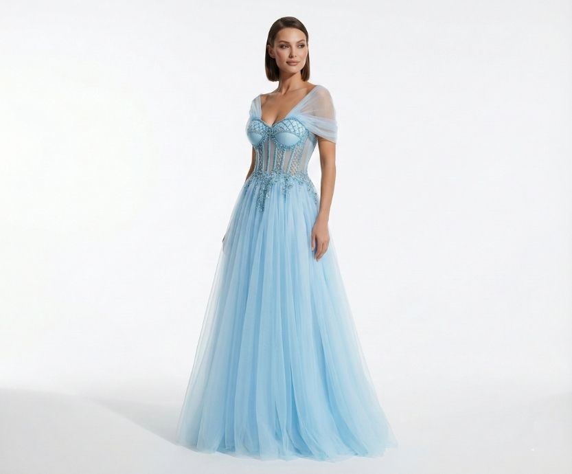 Vestido Azul Serenity com Bojo, Corpete Transparente e Detalhes Bordados