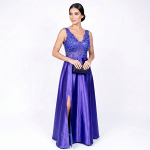 Vestido Longo Roxo com Busto em Renda Bordada