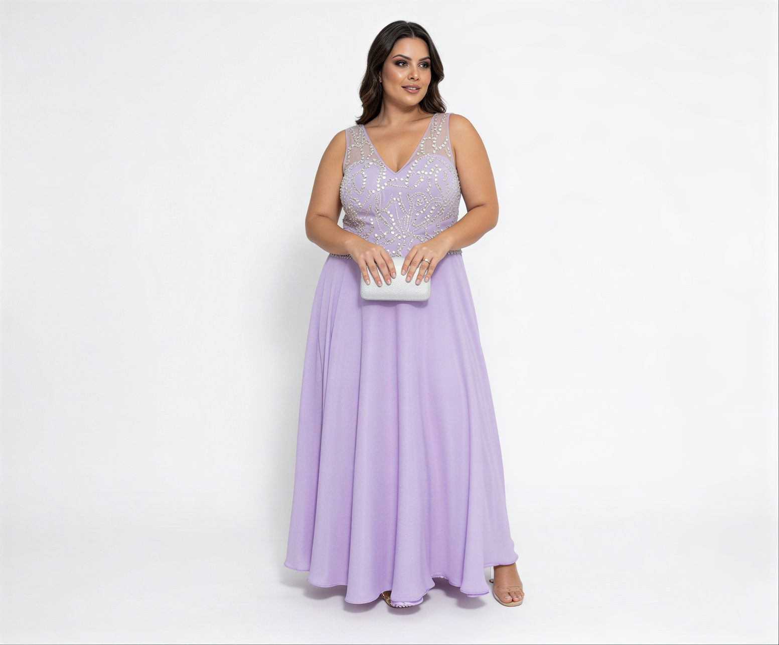 Vestido Lavanda com Corpete Bordado e Brilhante