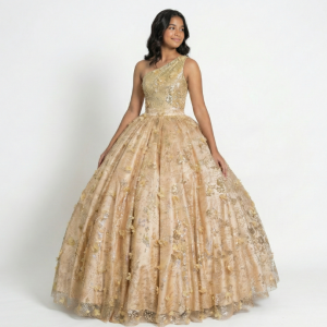 Vestido Dourado Um Ombro Só Com Saia Princesa e Macaquinho